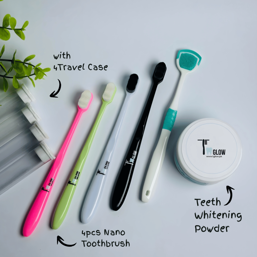 4 Nano Toothbrushes with 4 Travel Case + 1 Jar Whitening Powder + 1 Tongue Cleaner