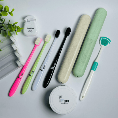 All in One Bundle 4 Nano Brush, with 4 Case, 1 Tongue Cleaner, 1 Teeth Whitening Powder, 1 Dental Floss, 2 Premium Case