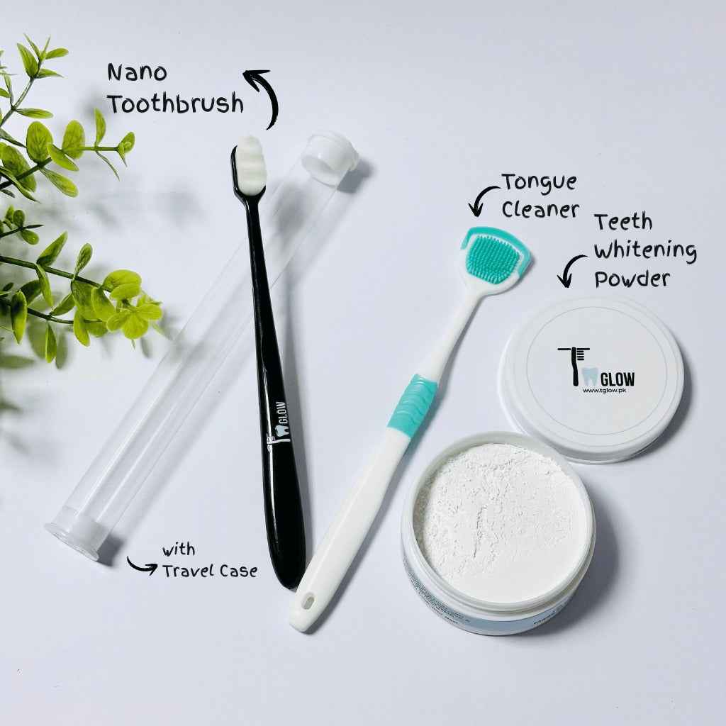 1 Nano ToothBrush, 1 Jar Teeth Whitening Powder & 1 Tongue Cleaner
