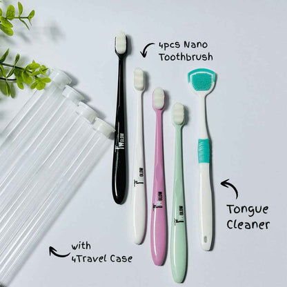 4 Pcs Nano Toothbrush with 4 Travel Case + 1  Pcs Tongue Cleaner Free